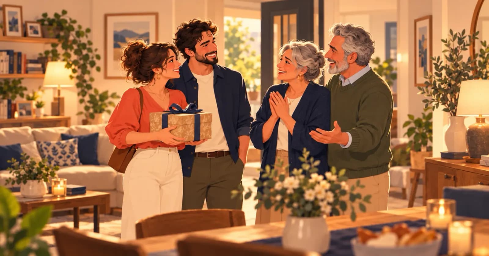 Un couple arrive chez ses beaux-parents le soir de Noël, un cadeau à la main, accueilli sur le pas de la porte.