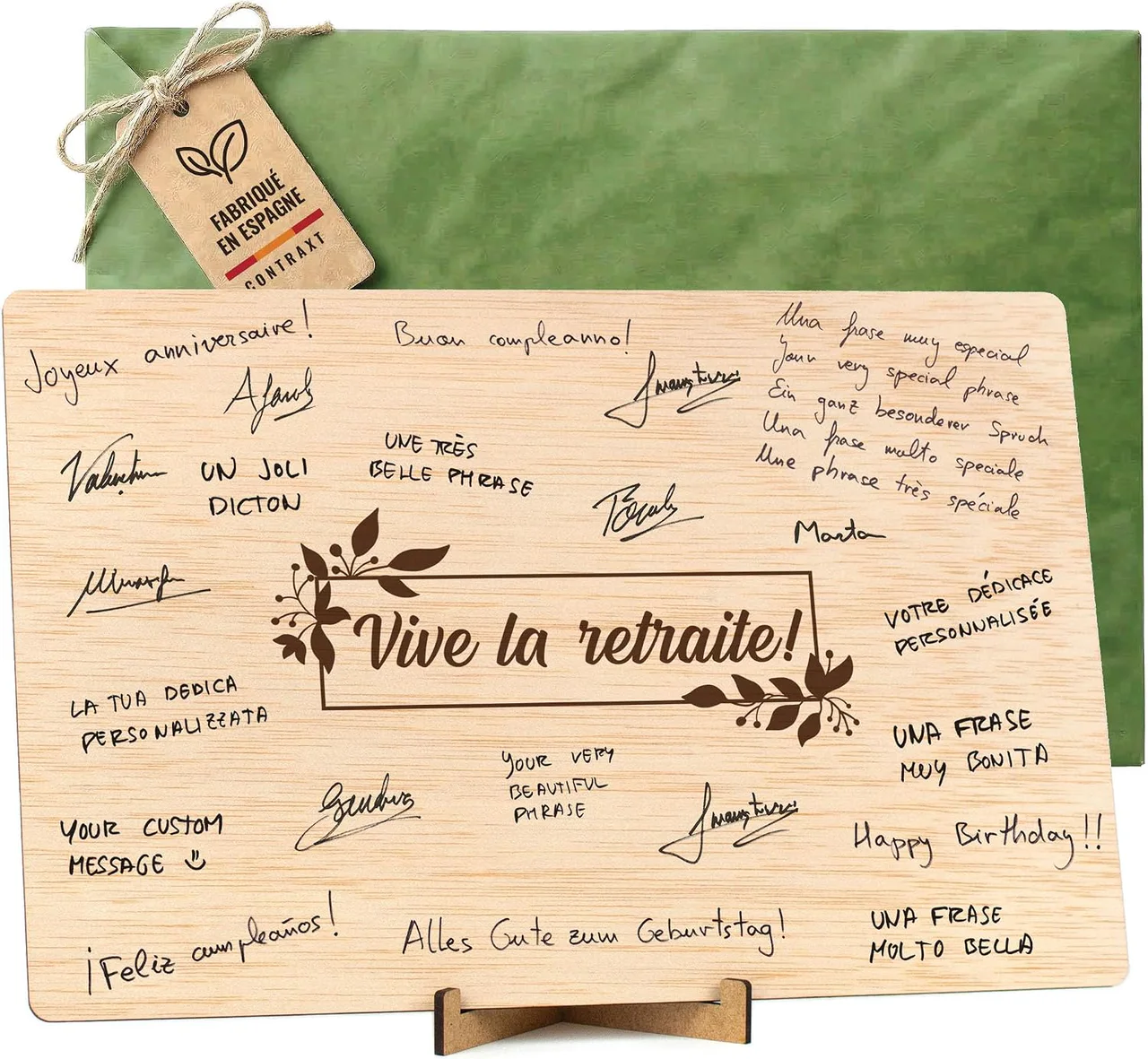 Carte de retraite en bois « Vive la retraite ! » à faire signer, avec support