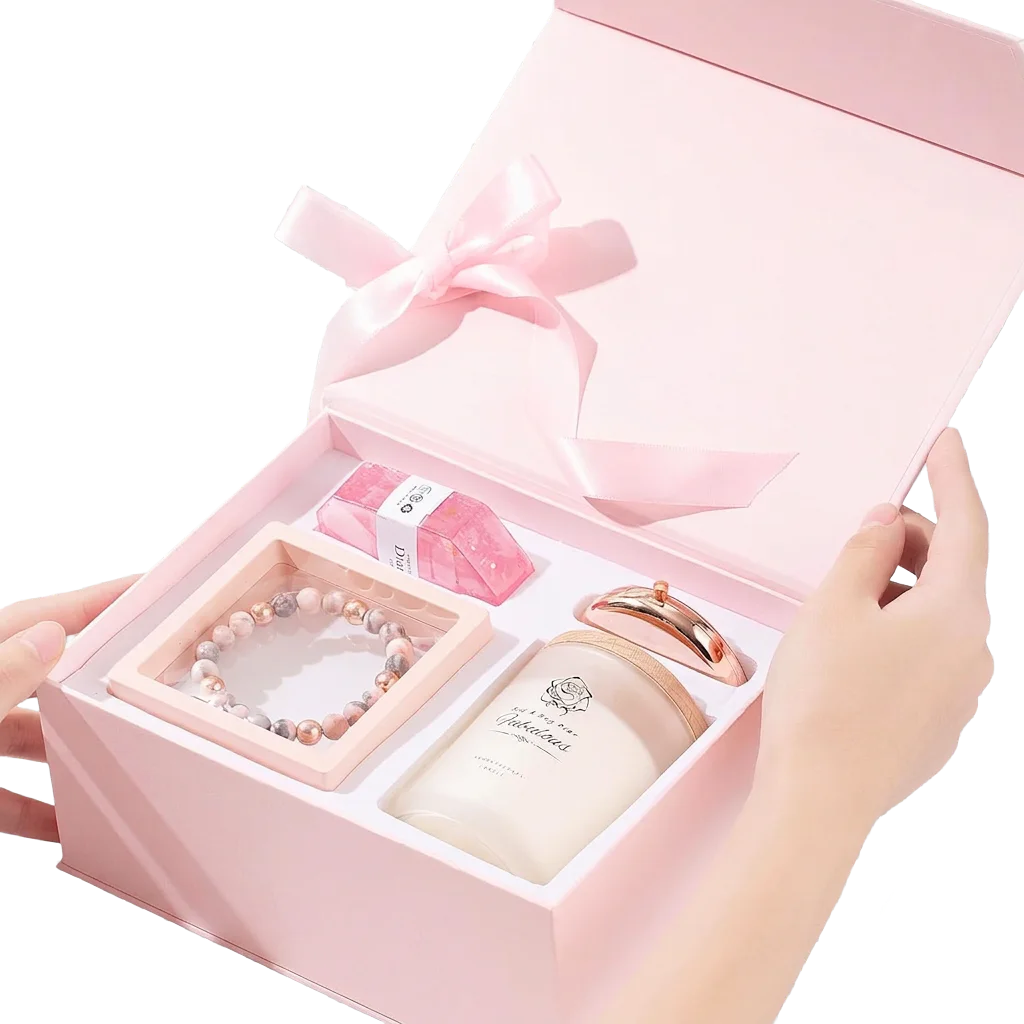 Coffret cadeau femme : bougie à la lavande, bracelet en pierres, savon et miroir