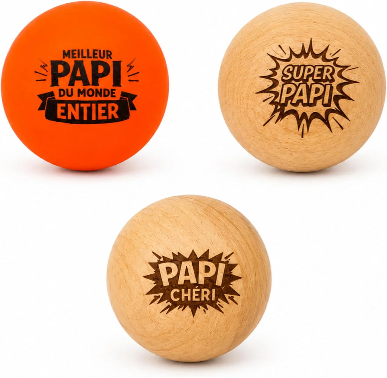 Lot de 3 cochonnets en bois gravés pour Papi
