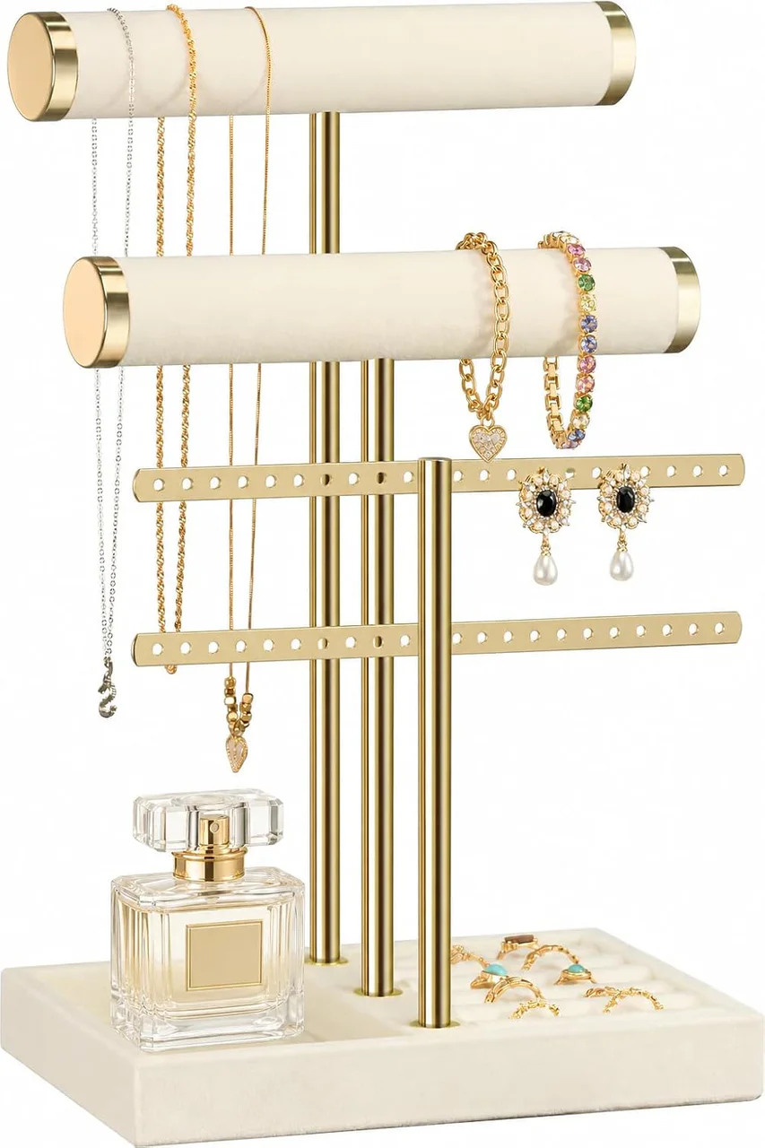 Porte-bijoux en velours beige à 3 niveaux pour bracelets, colliers et bagues